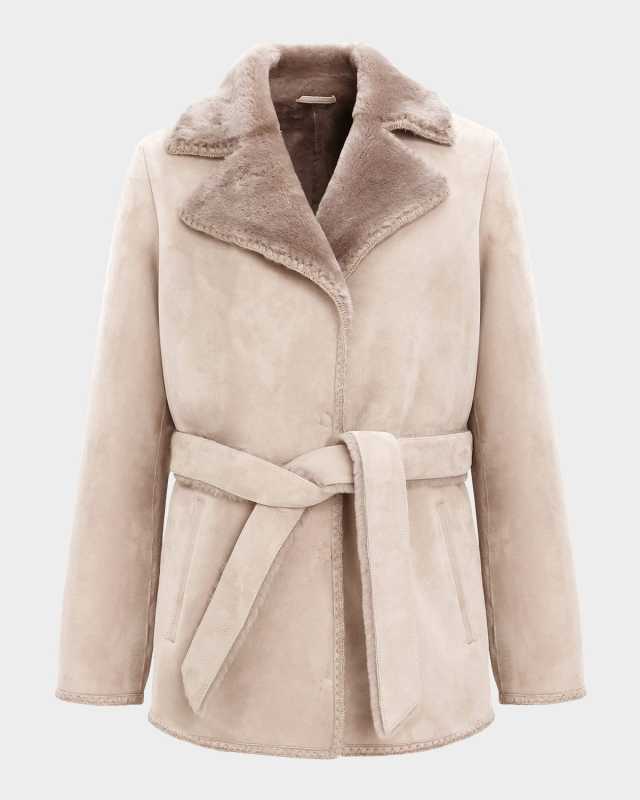 Merino Shearling Lamb Belted Jacket With Whipstitch Tr